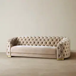 Kelly Beige Velvet 3-Seater Sofa - Gold Legs