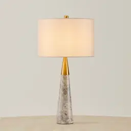 Nadia Brushed Bronze Metal and Grey Marble Table Lamp - Grey Linen Lamp Shade