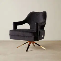 Burton Black Velvet Swivel Occasional Chair - Polished Gold Stainless Steel Legs