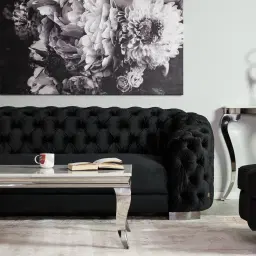 Kelly Black Velvet 3-Seater Sofa - Black Nickel Legs
