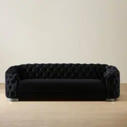 Kelly Black Velvet 3-Seater Sofa - Black Nickel Legs