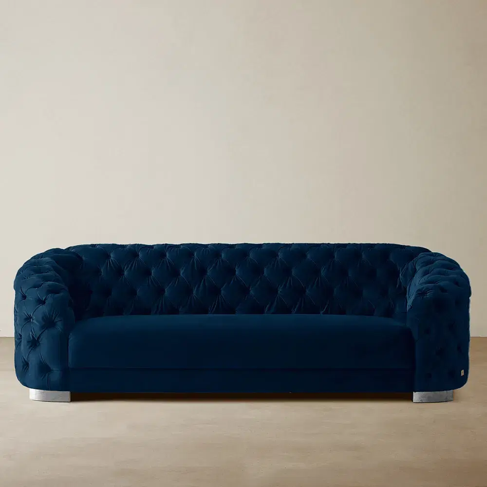 Kelly Navy Blue Velvet 3-Seater Sofa - Silver Legs