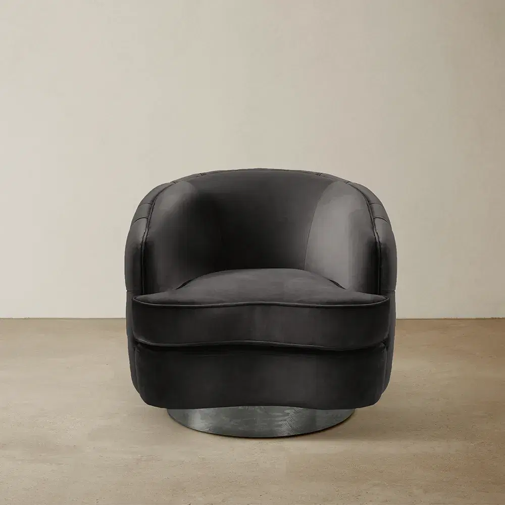Kelly Charcoal Velvet Swivel Chair - Black Nickel Leg