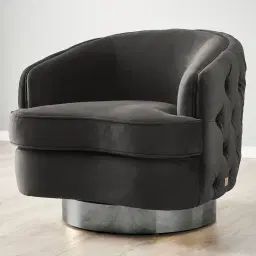 Kelly Charcoal Velvet Swivel Chair - Black Nickel Leg