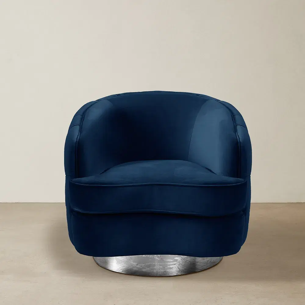 Kelly Navy Blue Velvet Swivel Chair - Silver Leg