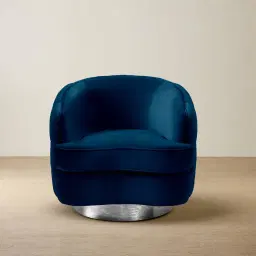 Kelly Navy Blue Velvet Swivel Chair - Silver Leg