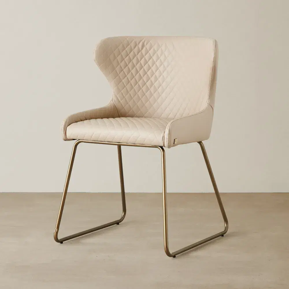 Quinn Sand Beige Vegan Leather Dining Chair - Brass Colour Legs