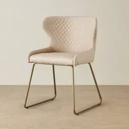 Quinn Sand Beige Vegan Leather Dining Chair - Brass Colour Legs