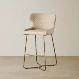 Quinn Sand Beige Vegan Leather Bar Stool  - Brass Colour Legs