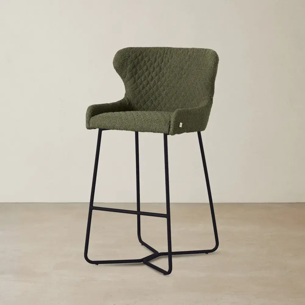 Quinn Olive Green Boucle Bar Stool - Black Legs