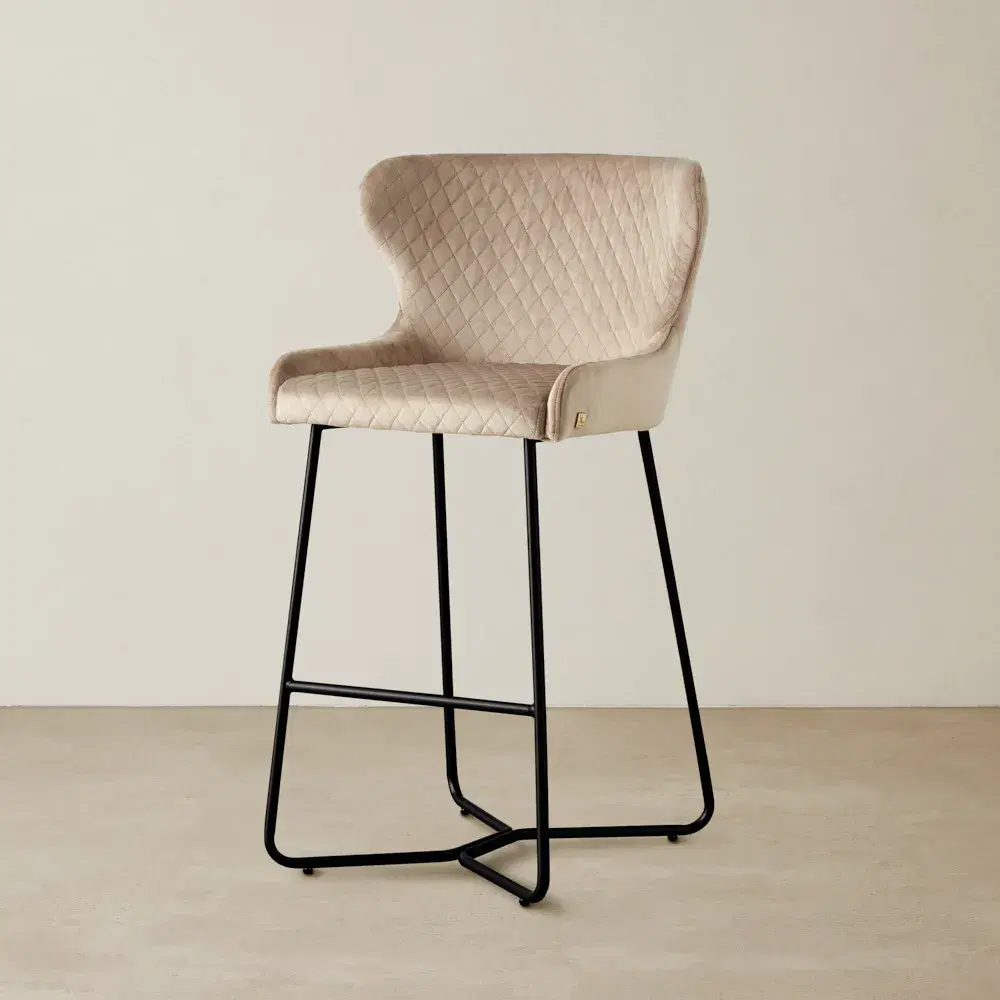 Quinn Beige Velvet Barstool - Black Legs