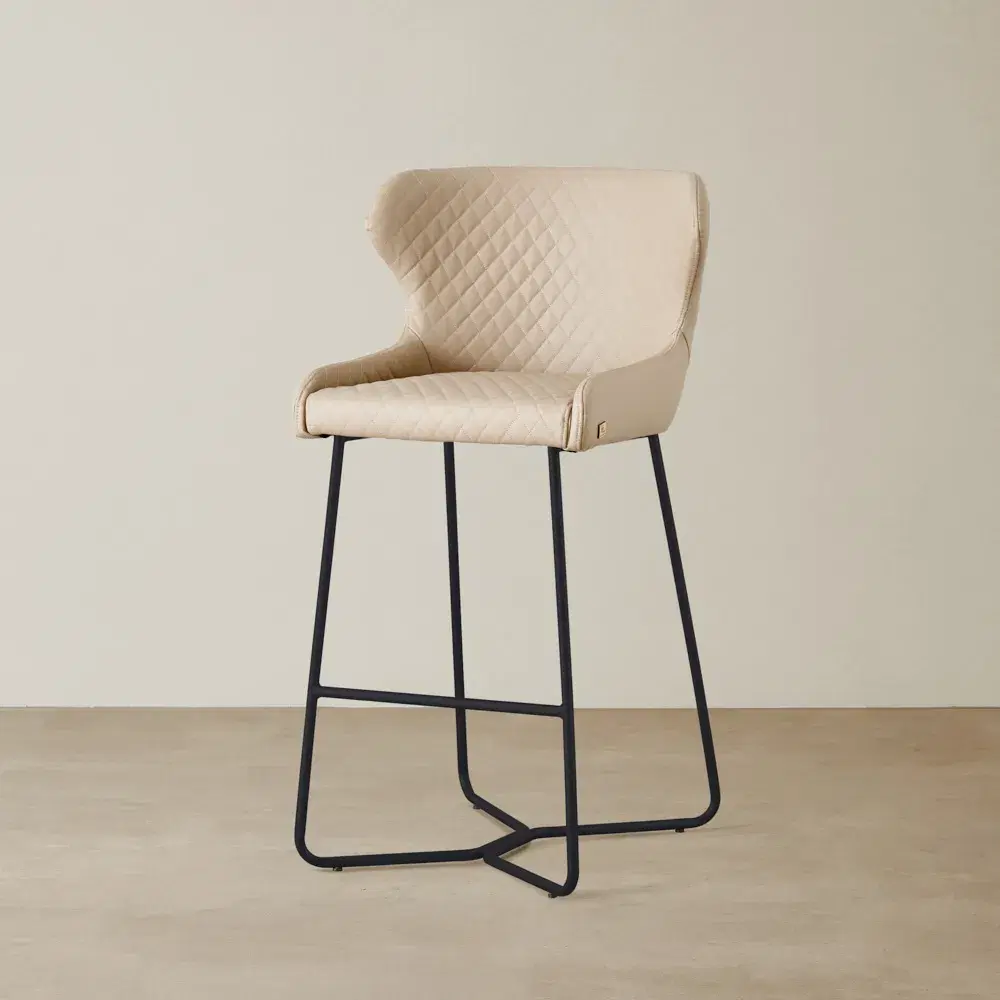 Quinn Sand Beige Vegan Leather Bar Stool - Black Legs