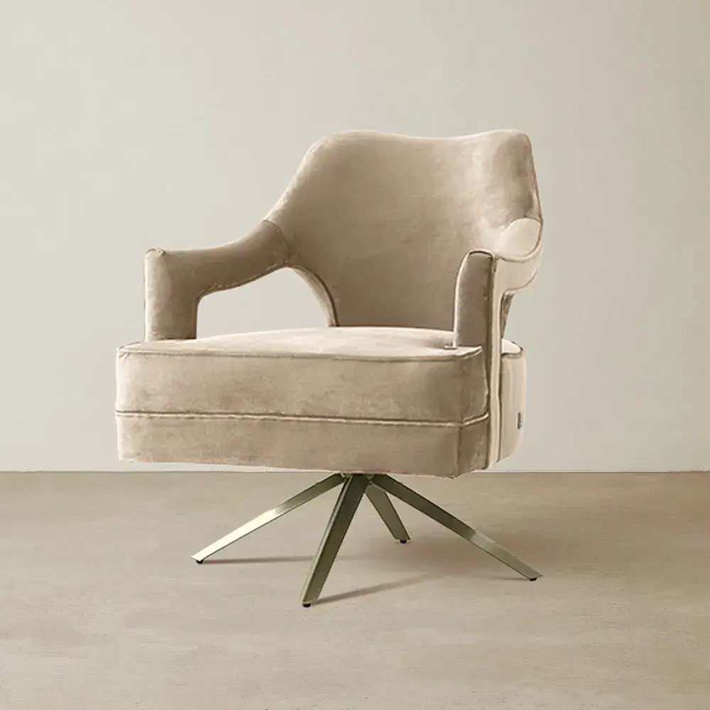 Burton Beige Velvet Swivel Occasional Chair - Brushed Champagne Gold Stainless Steel Legs