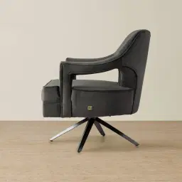 Burton Charcoal Velvet Swivel Occasional Chair - Brushed Black Nickel Stainless Steel Legs
