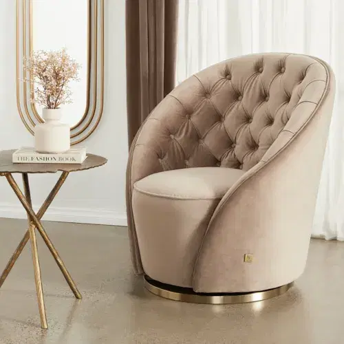 Sonja Beige Velvet Swivel Occasional Chair - Brushed Champagne Gold Stainless Steel Legs