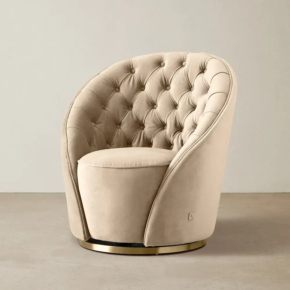 Sonja Beige Velvet Swivel Occasional Chair - Brushed Champagne Gold Stainless Steel Legs