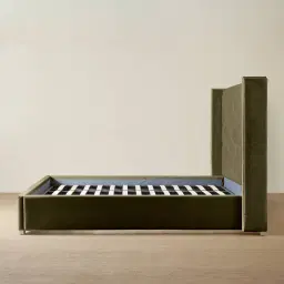 Gertrude Olive Green Velvet Queen Bed - Brushed Champagne Gold Stainless Steel Frame