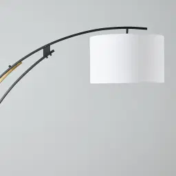 Crescent Brushed Gold Metal Floor Lamp-White Fabric Shade