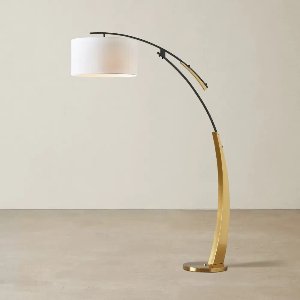 Crescent Brushed Gold Metal Floor Lamp-White Fabric Shade