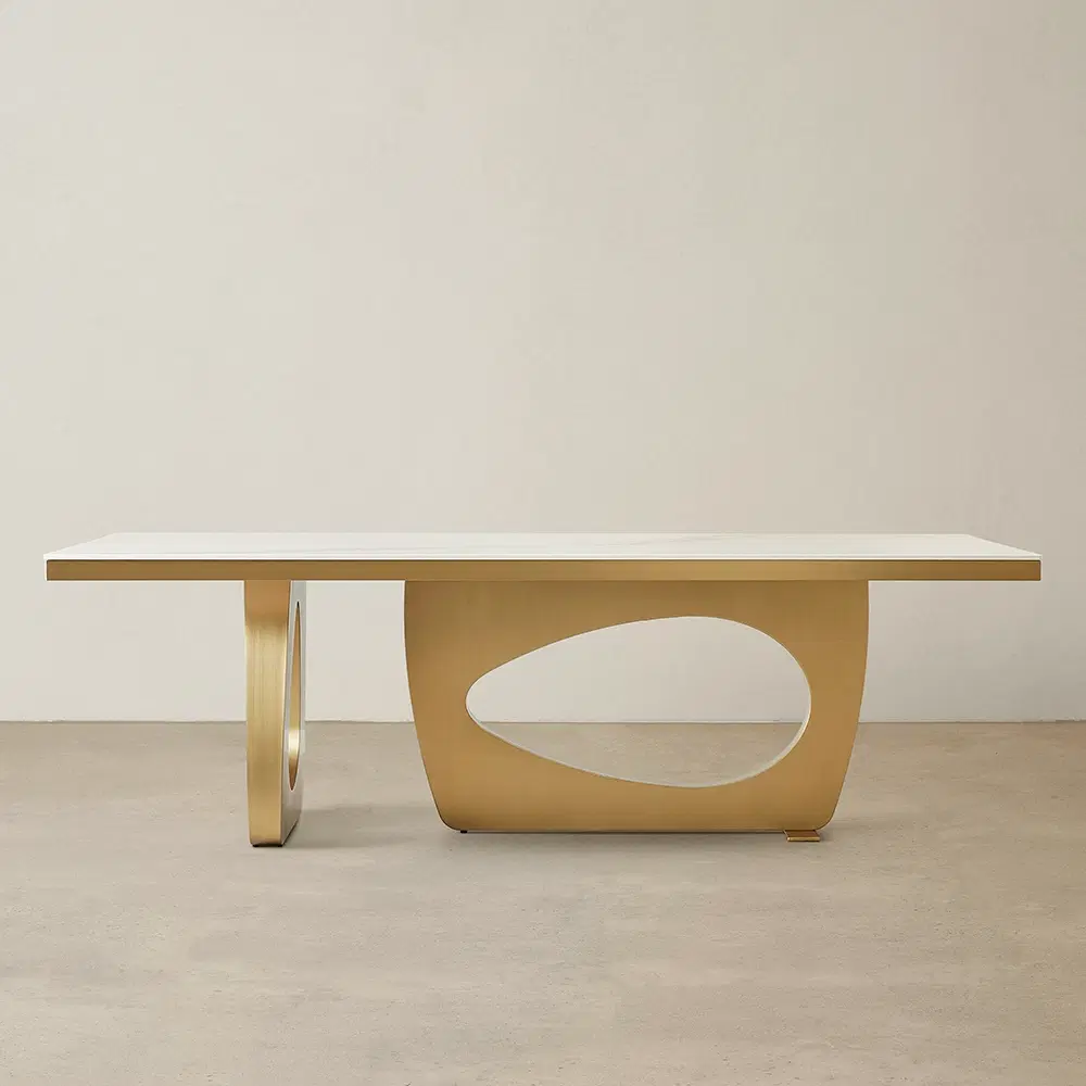 Aspen III White Sintered Stone Dining Table - Brushed Gold Legs