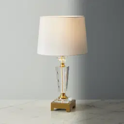 Chic Crystal II Antique Brass Metal Table Lamp - White Linen Lamp Shade