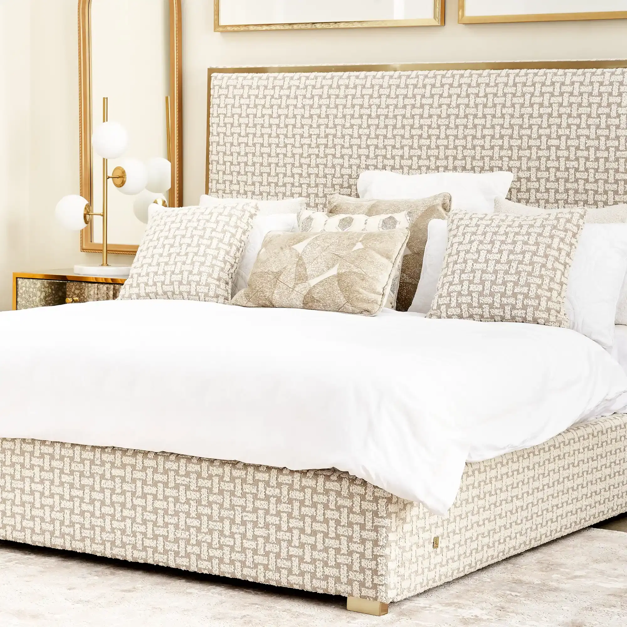 Harlow Light Sand Grey and White Boucle Queen Bed