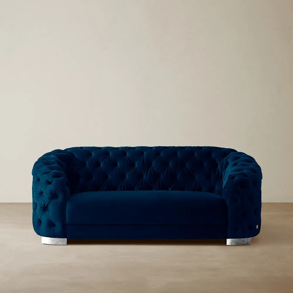 Kelly Navy Blue Velvet 2-Seater Sofa Silver legs