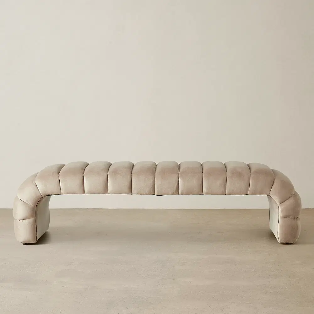 Annika Beige Velvet Curved Ottoman