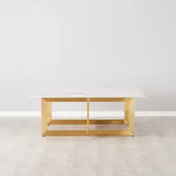 Dianne White Grey-Streaked Sintered Stone Coffee Table - Brushed Gold Stainless Steel Frame