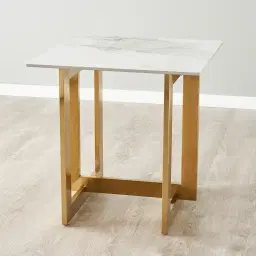 Dianne White Grey-Streaked Sintered Stone Side Table - Brushed Gold Stainless Steel Frame