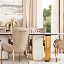 Marbella Cold Calacatta White Sintered Stone Dining Table - Brushed Gold Frame