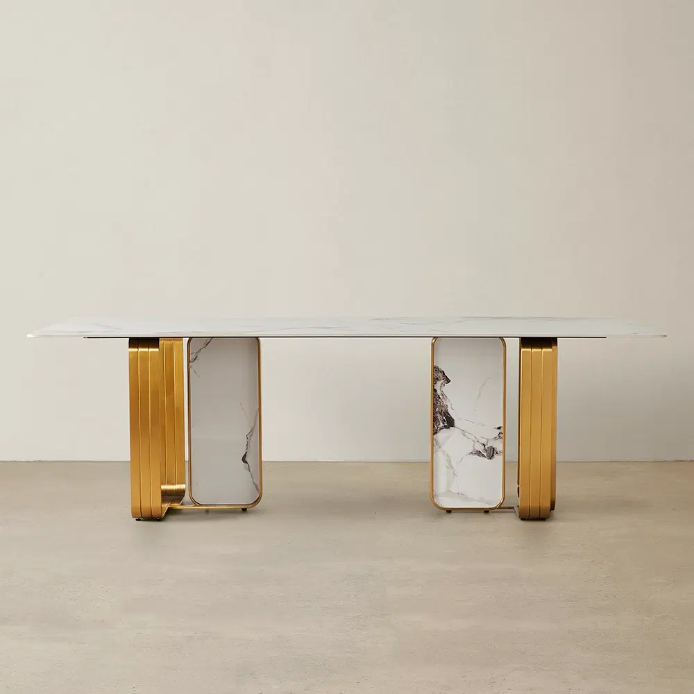 Marbella Cold Calacatta White Sintered Stone Dining Table - Brushed Gold Frame