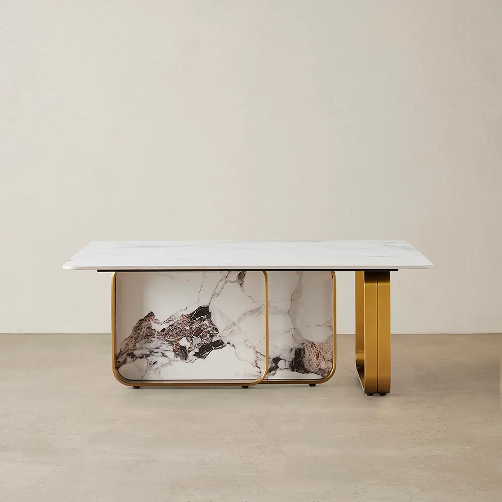 Marbella Cold Calacatta White Sintered Stone Coffee Table - Brushed Gold Frame
