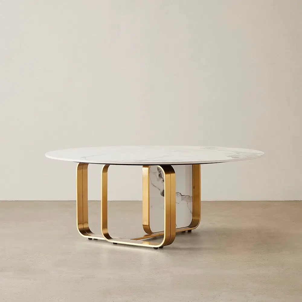 Marbella Round Cold Calacatta White Sintered Stone Coffee Table - Brushed Gold Frame