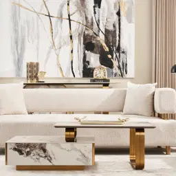 Marbella 2-Layered Cold Calacatta White Sintered Stone Coffee Table - Brushed Gold Frame