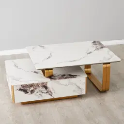 Marbella 2-Layered Cold Calacatta White Sintered Stone Coffee Table - Brushed Gold Frame