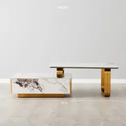 Marbella 2-Layered Cold Calacatta White Sintered Stone Coffee Table - Brushed Gold Frame