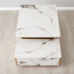 Marbella 2-Layered Cold Calacatta White Sintered Stone Coffee Table - Brushed Gold Frame