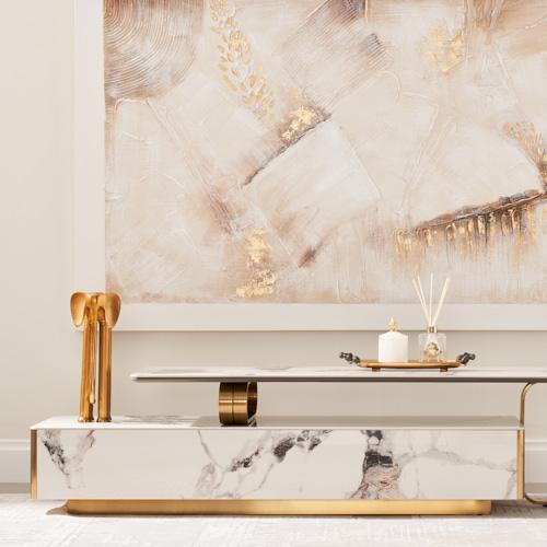 Marbella Cold Calacatta White Sintered Stone Entertainment Unit - Brushed Gold Frame