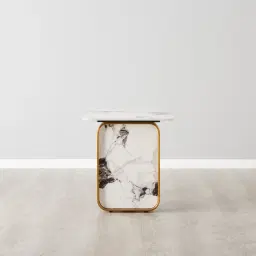 Marbella Cold Calacatta White Sintered Stone Side Table - Brushed Gold Frame