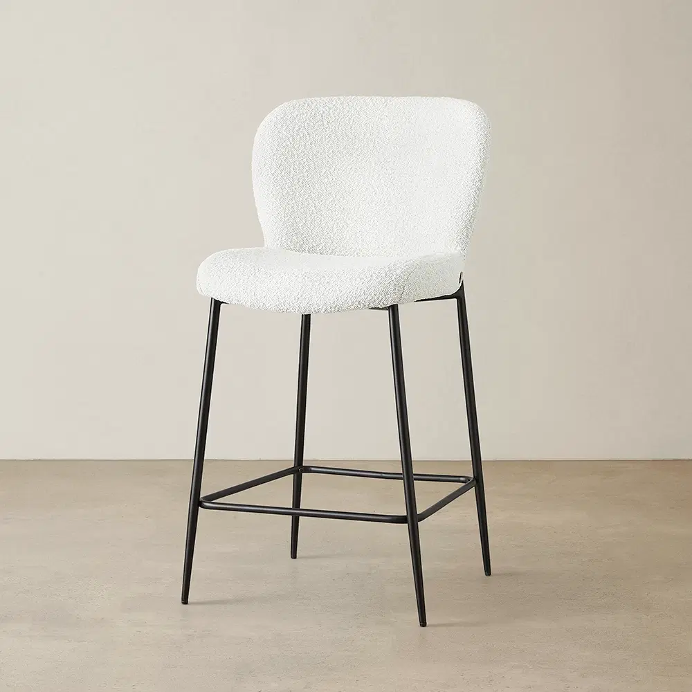Hailey Snow White Boucle 67cm Counter Stool - Black Metal Legs