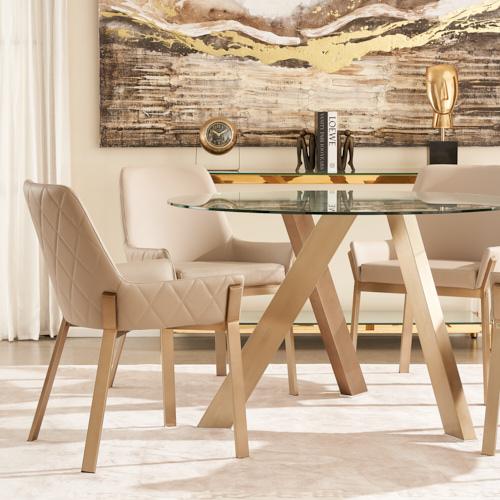 Arya II Sand Beige Vegan Leather Dining Chair - Brushed Gold Metal Legs