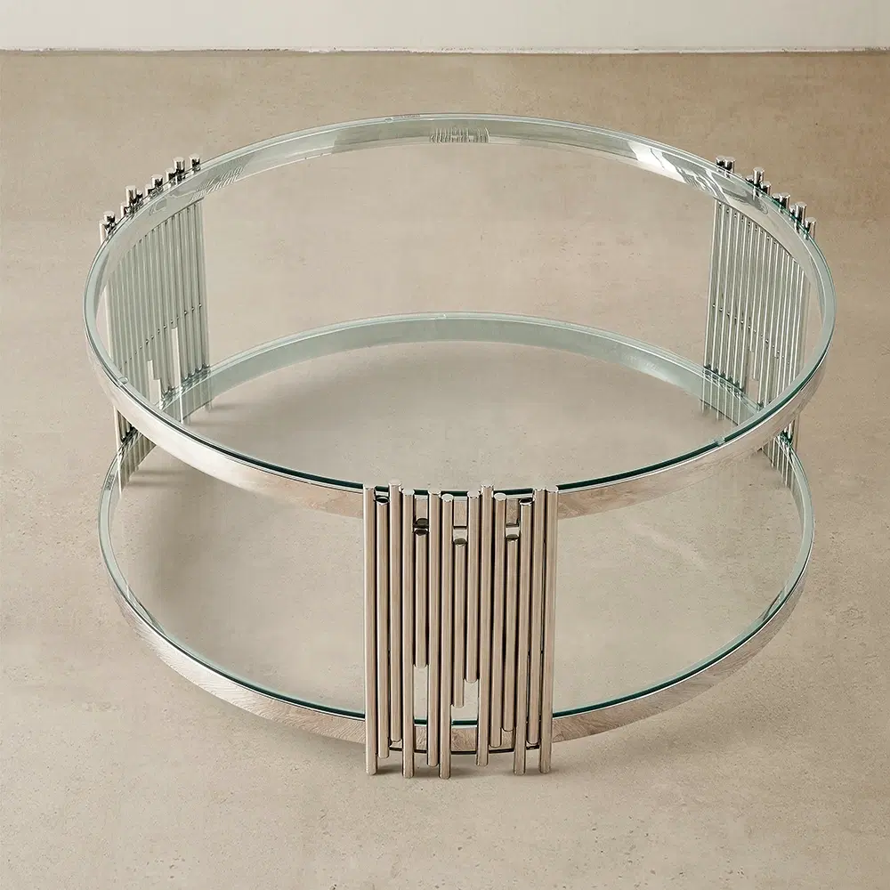 Lindsay Polished Stainless Steel Round Coffee Table - Clear Glass Top