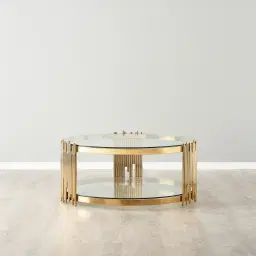 Lindsay Polished Gold Stainless Steel Round Coffee Table - Clear Glass Top