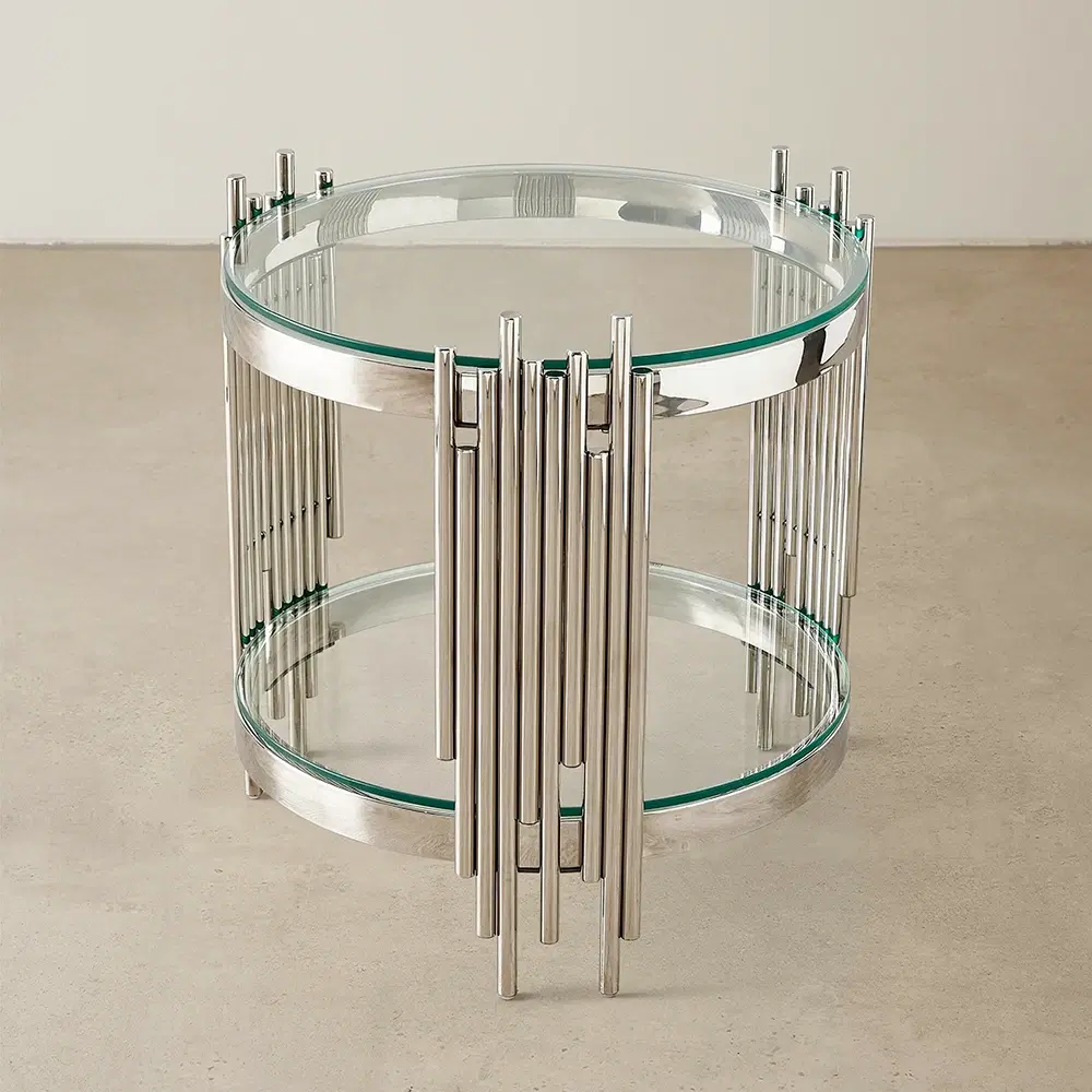 Lindsay Polished Stainless Steel Round Side Table - Clear Glass Top