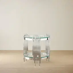 Lindsay Polished Stainless Steel Round Side Table - Clear Glass Top