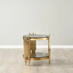 Lindsay Polished Gold Stainless Steel Round Side Table - Smoke Glass Top