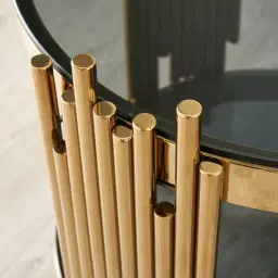 Lindsay Polished Gold Stainless Steel Round Side Table - Smoke Glass Top