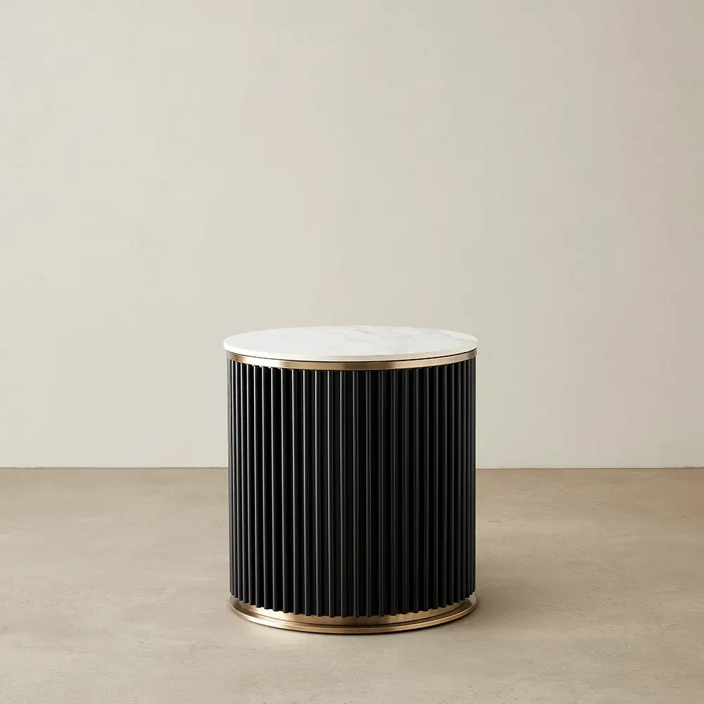 Archie Black Round Side Table with White Sintered Stone Top