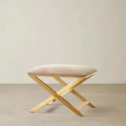 Elle Beige Velvet Ottoman - Brushed Gold Stainless Steel Legs